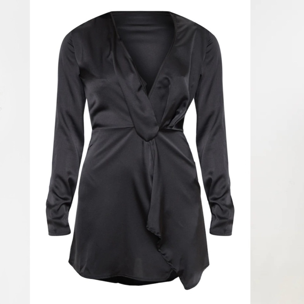 PLT Black Satin Long Sleeve Dress